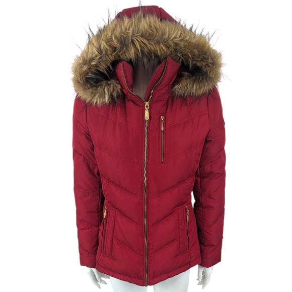 Calvin Klein Down Puffer Jacket Coat Fur Trimmed Hood Womens Medium Red - Picture 1 of 13